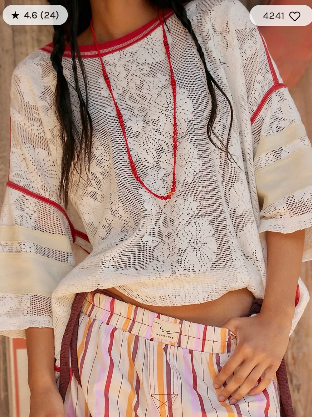 Free people -we the free/ Women’s Cream Lace Crochet Top with Red Trim